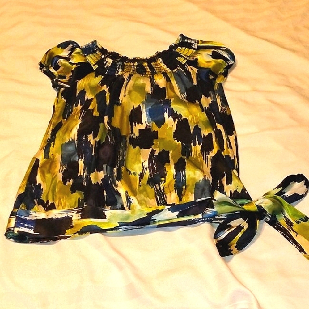My Michelle Multi Color Smock Blouse with Elastic Neck & Side Tie, Size: M